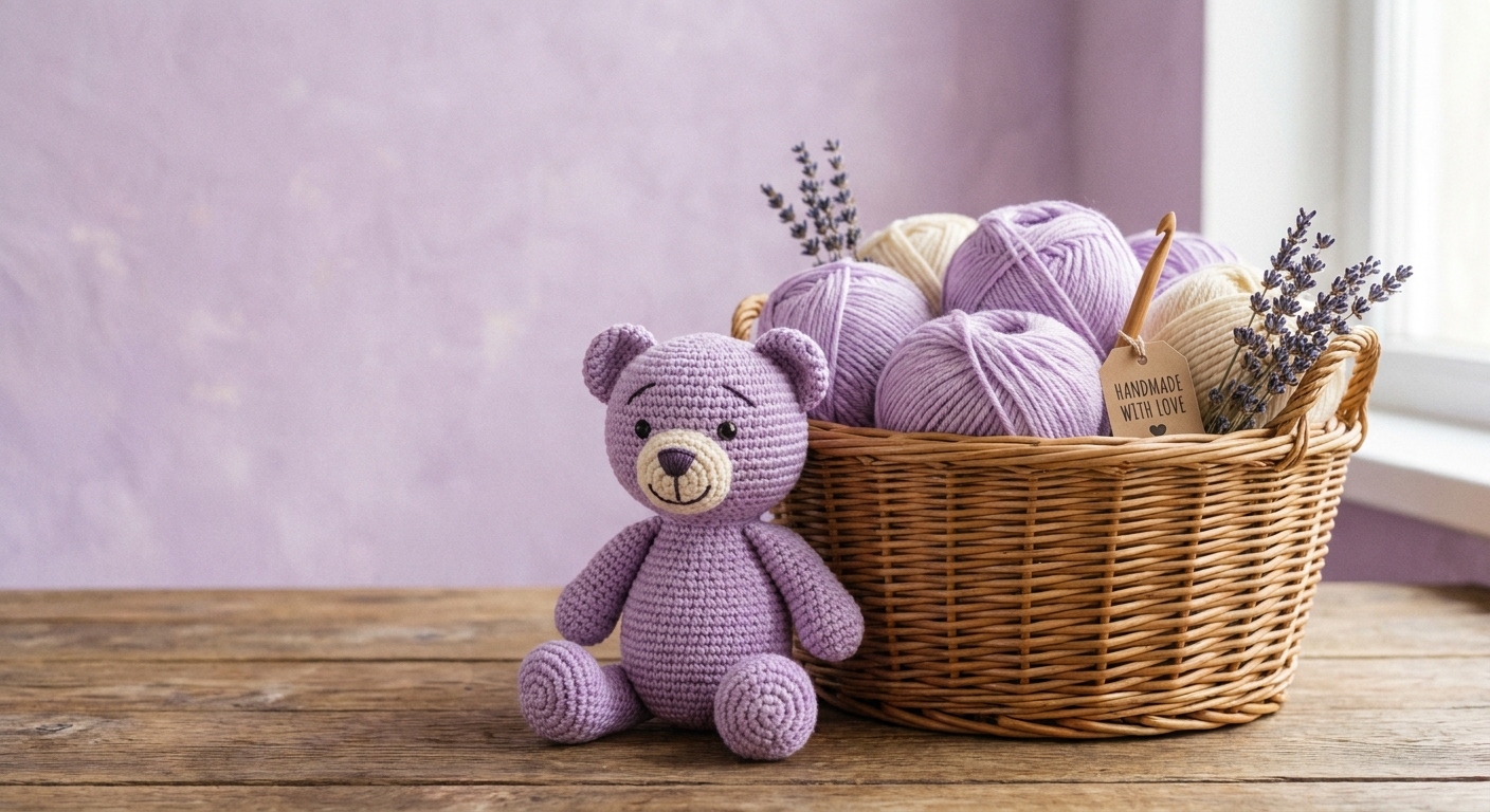 Osito de estambre color lavanda junto a una canasta con ovillos de lana y flores